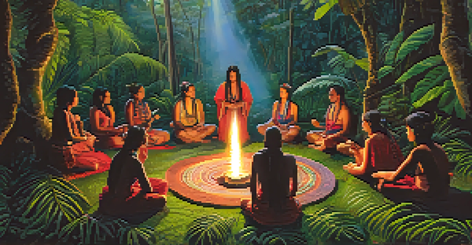 A tranquil Ayahuasca ceremony in a rainforest with a shaman playing a flute surrounded by participants and vibrant plants.