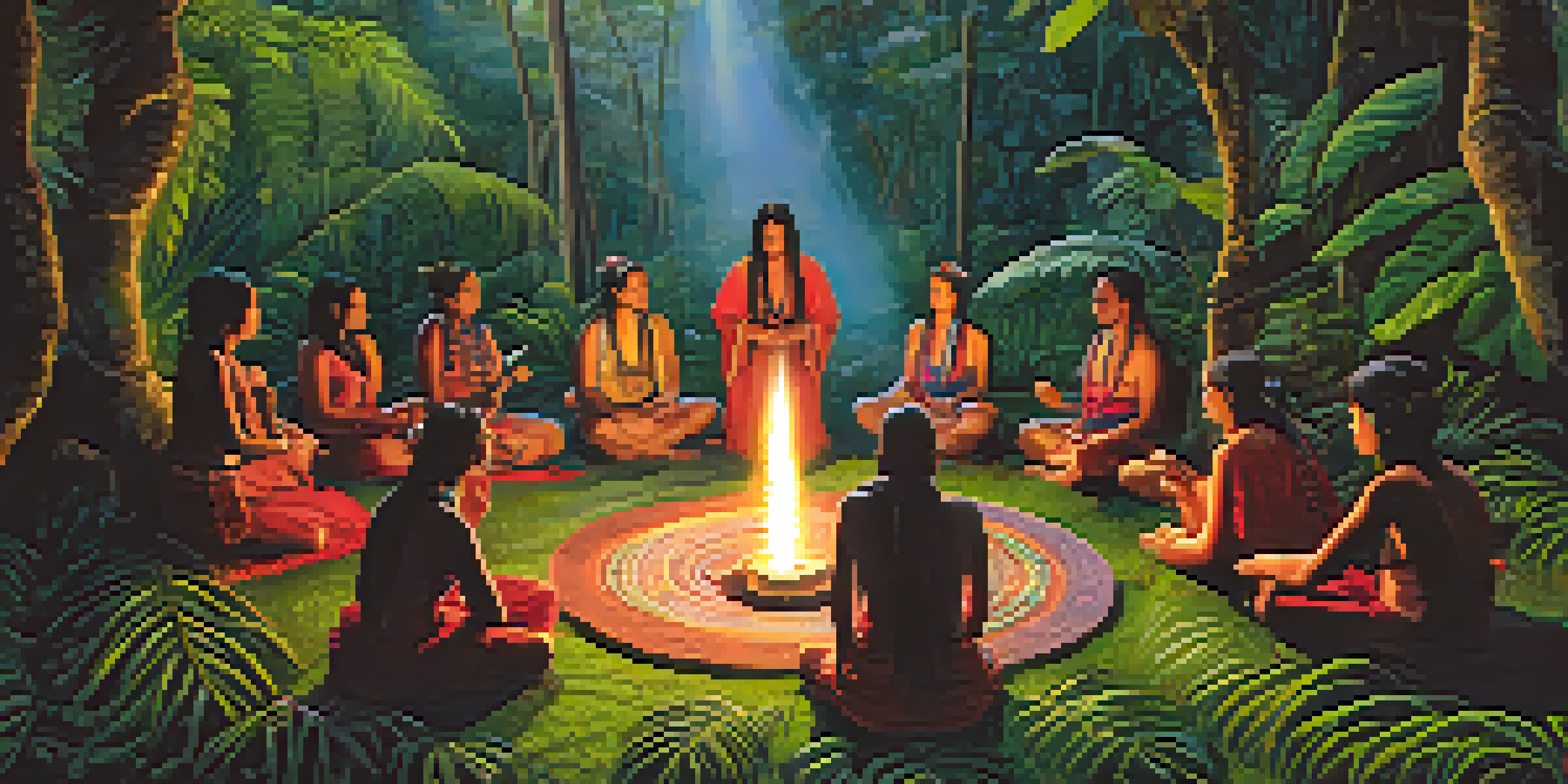 A tranquil Ayahuasca ceremony in a rainforest with a shaman playing a flute surrounded by participants and vibrant plants.