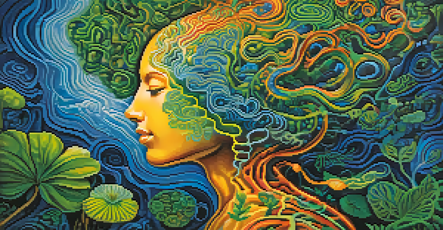 An abstract illustration of a colorful brain surrounded by swirling patterns of light and nature, representing Ayahuasca's cognitive effects.