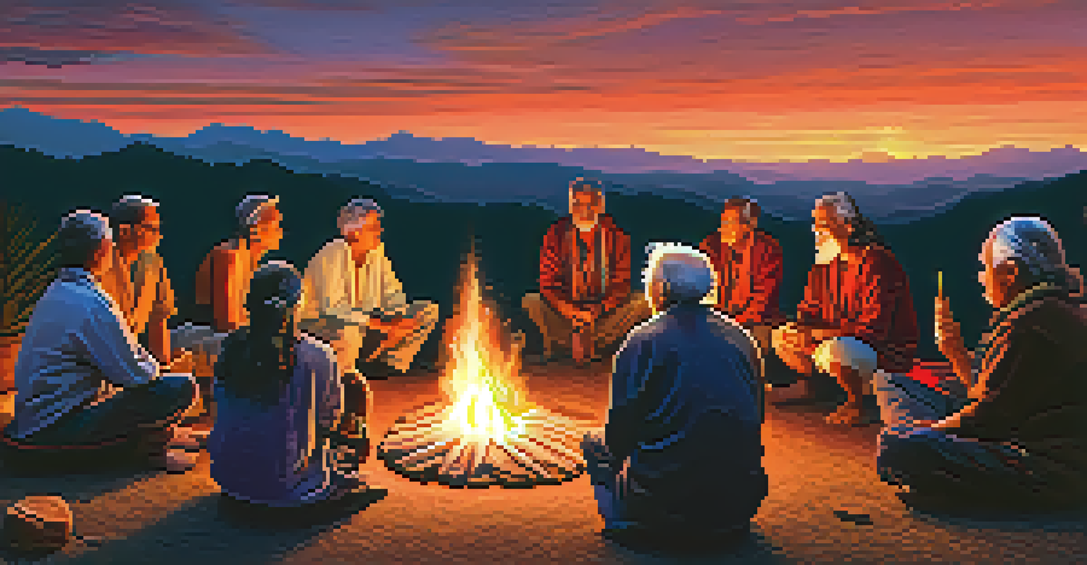 A group of seniors around a fire during an Ayahuasca ceremony, with a shaman leading the session, set against a twilight sky.