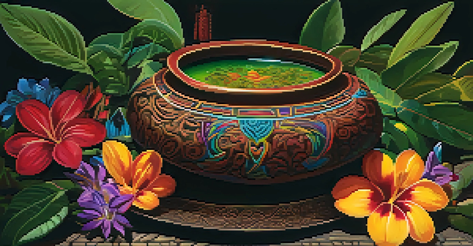 A close-up of Ayahuasca brew in a ceremonial bowl surrounded by flowers and greenery.