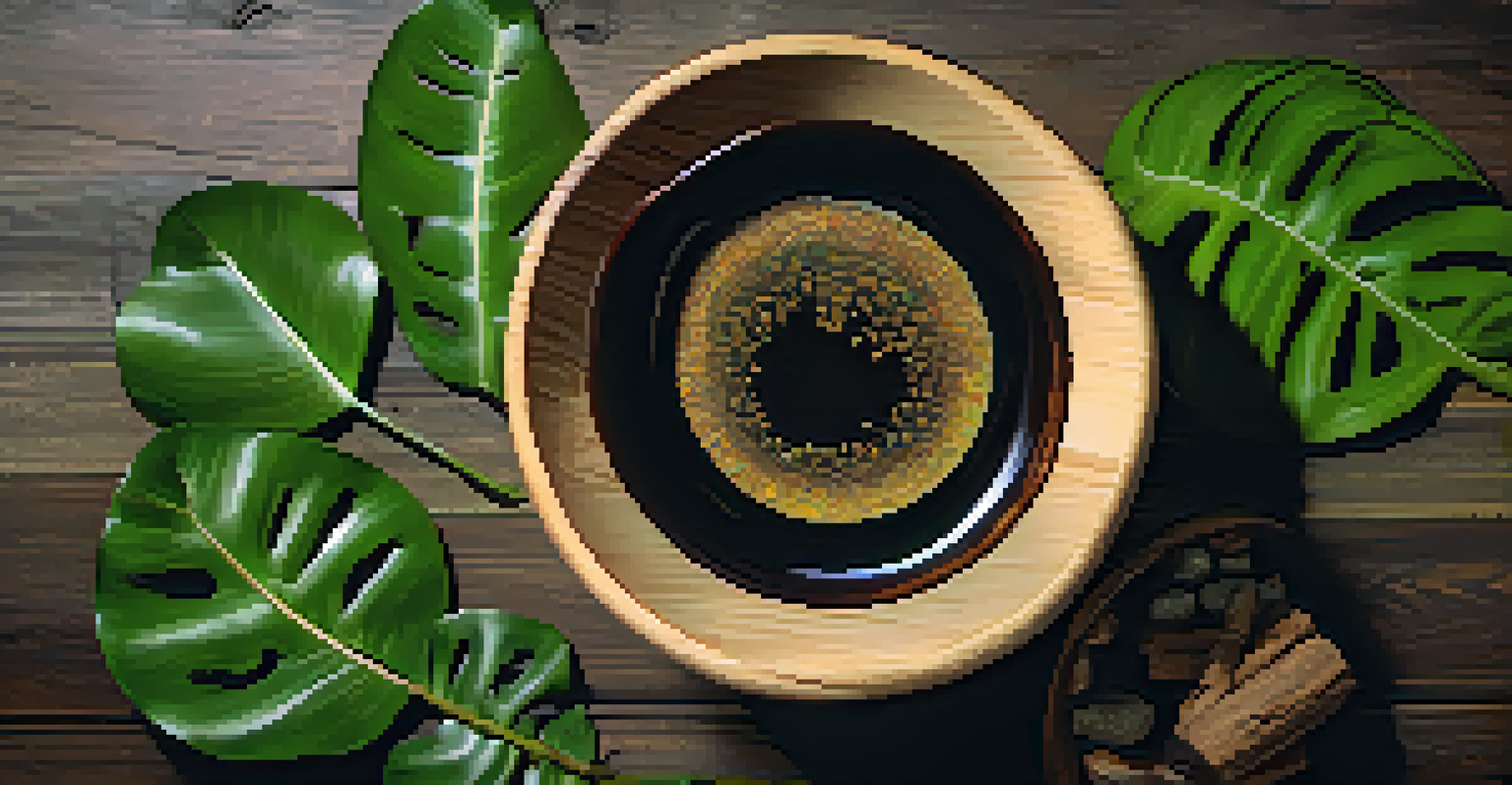 A close-up of Ayahuasca brew in a wooden bowl, surrounded by leaves and vines, showcasing its rich texture and color.