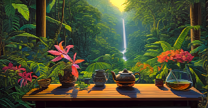 A tranquil Amazonian jungle setting at twilight with a traditional Ayahuasca brew on a wooden table surrounded by lush greenery and flowers.