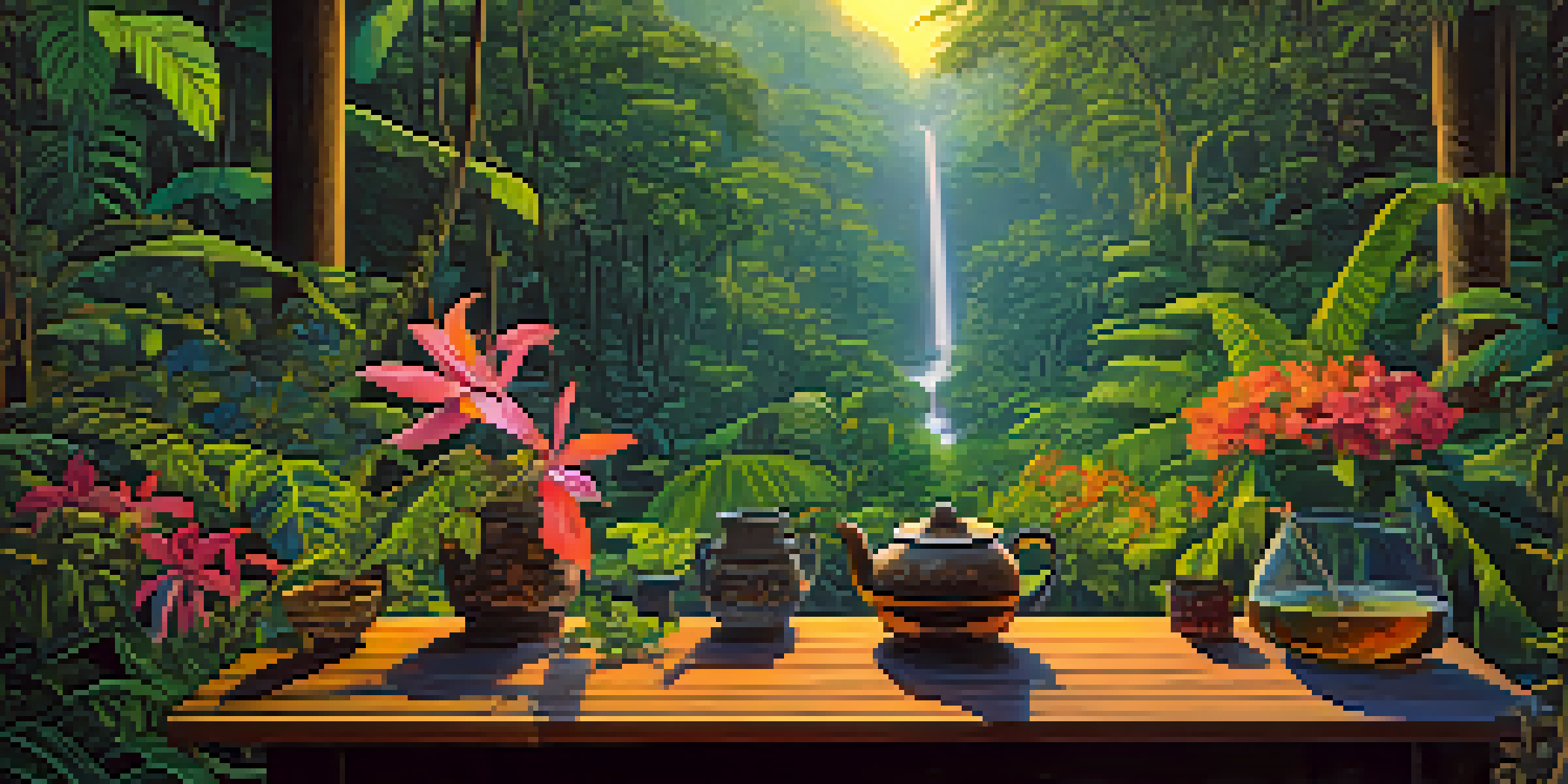 A tranquil Amazonian jungle setting at twilight with a traditional Ayahuasca brew on a wooden table surrounded by lush greenery and flowers.