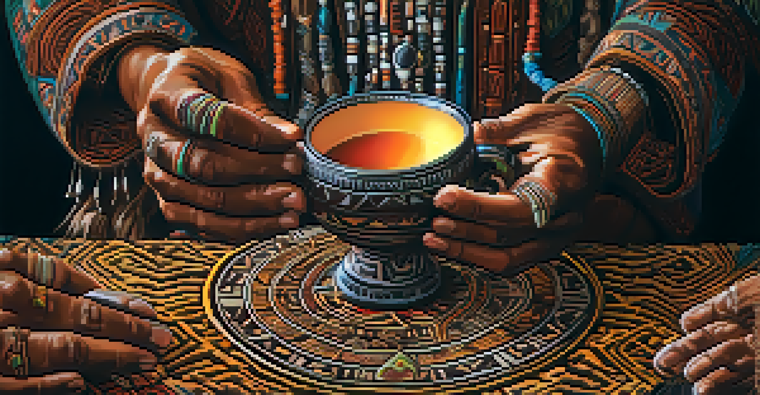 A close-up of a shaman's hands holding a ceramic cup of Ayahuasca brew, with participants blurred in the background.