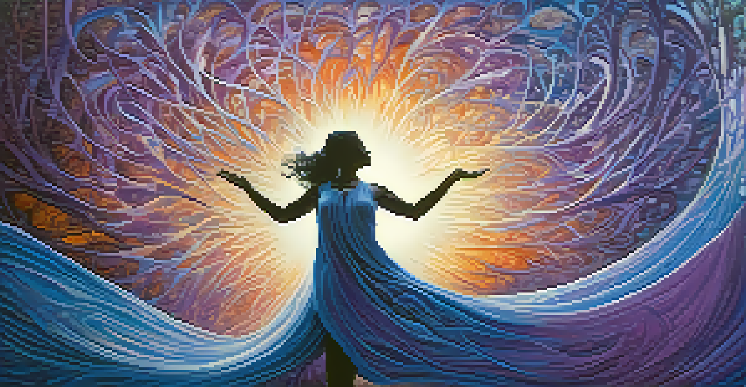 An abstract depiction of emotional release through breathwork with swirling colors and a silhouette.