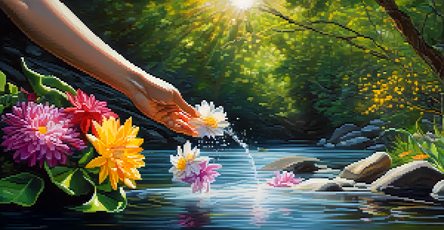 Hands releasing colorful flowers into a river, symbolizing emotional release, surrounded by lush greenery and sunlight sparkling on the water.