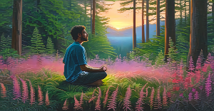 A person meditating in a peaceful forest during sunset, surrounded by greenery and colorful flowers.