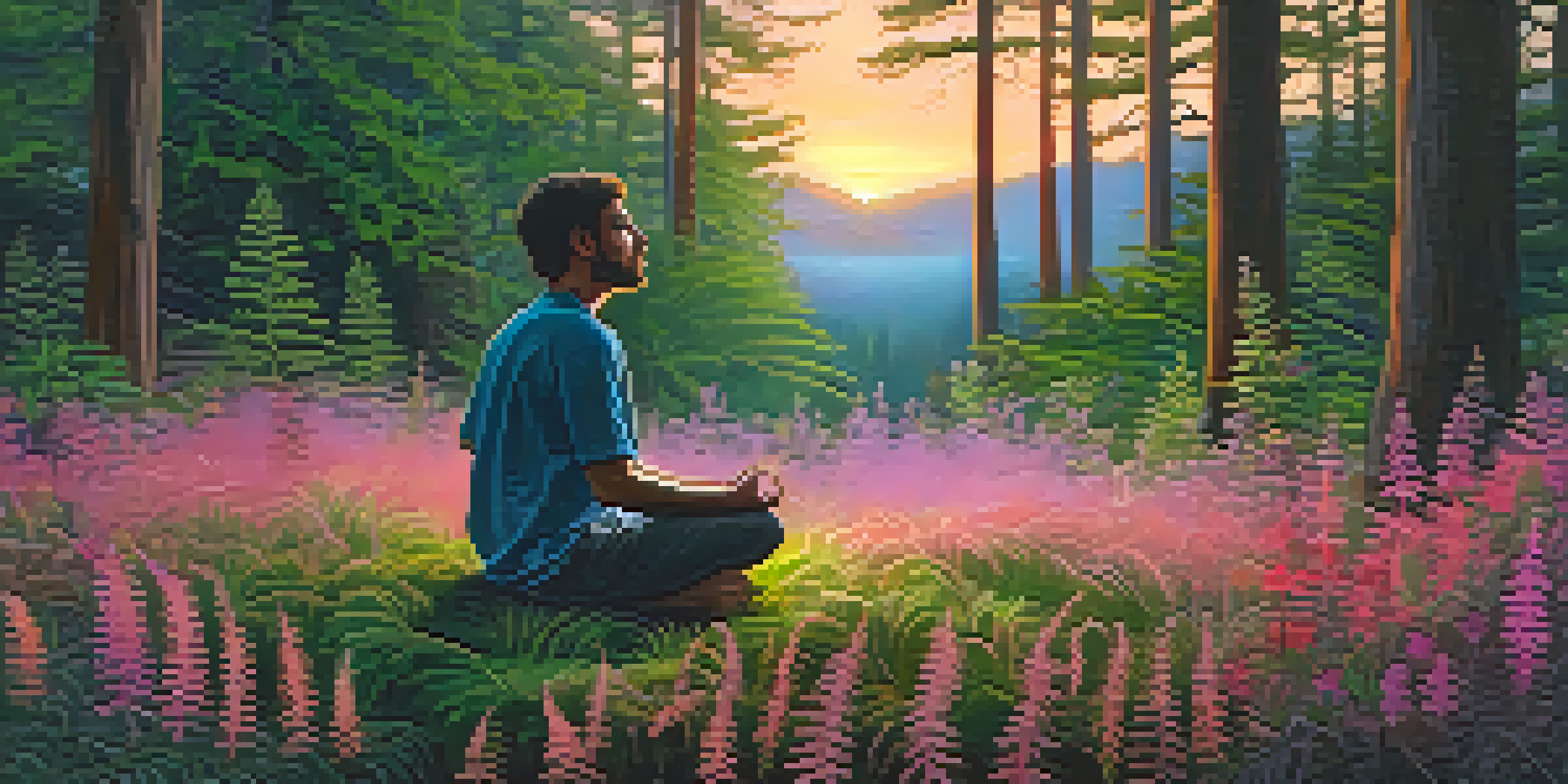 A person meditating in a peaceful forest during sunset, surrounded by greenery and colorful flowers.