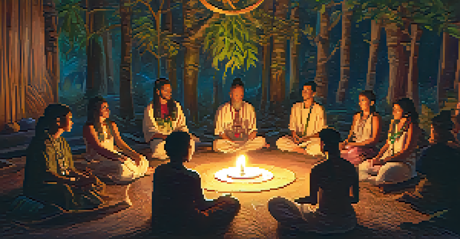 An intimate Ayahuasca ceremony in a candle-lit space with participants in a circle, a shaman in the center, and sacred plants around them, creating a supportive atmosphere.
