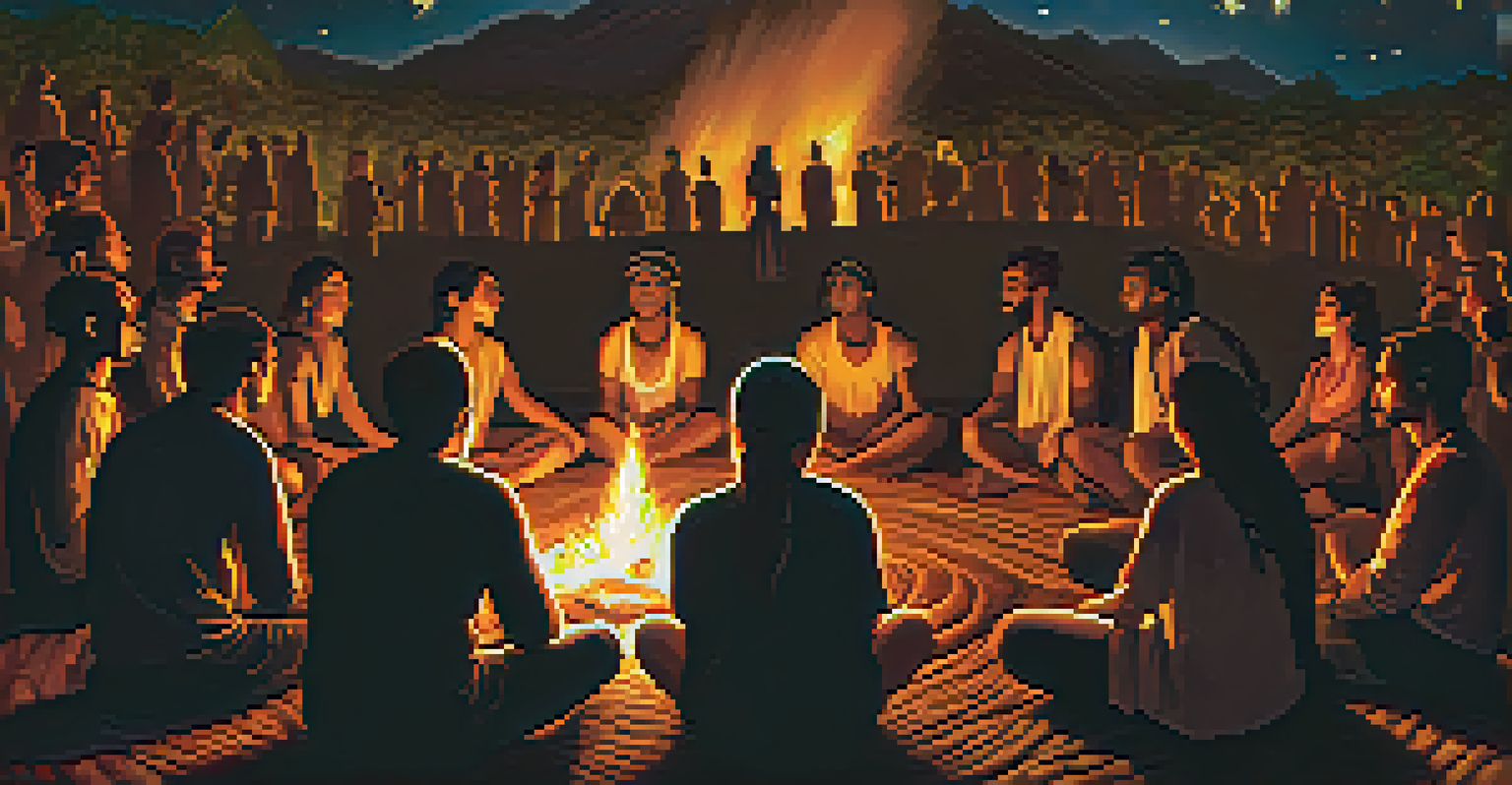 A group of people in an Ayahuasca ceremony gathered around a bonfire under a starry night sky.