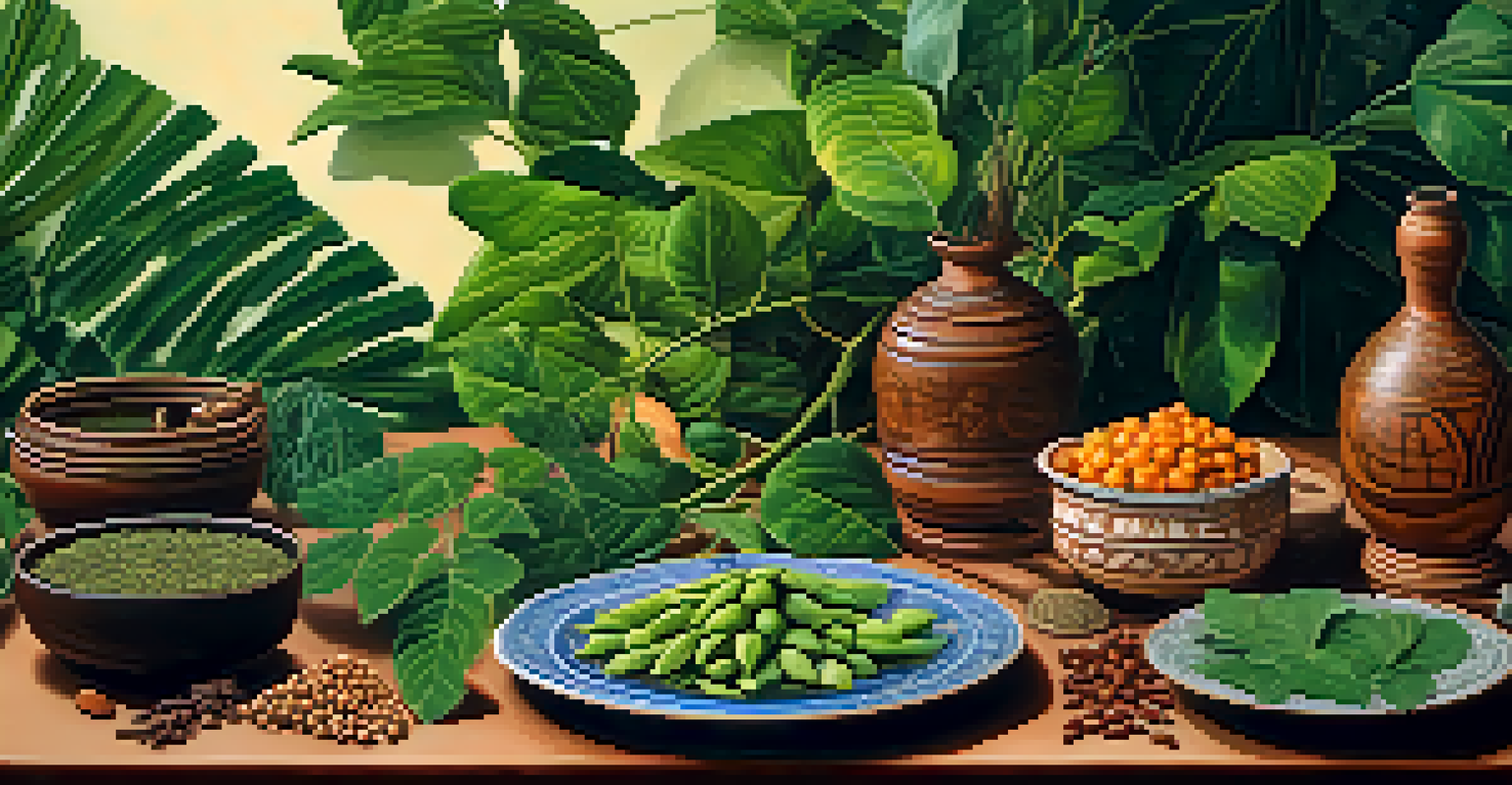 A close-up view of traditional Ayahuasca ingredients, including the vine and leaves, artistically arranged on a table with natural lighting.