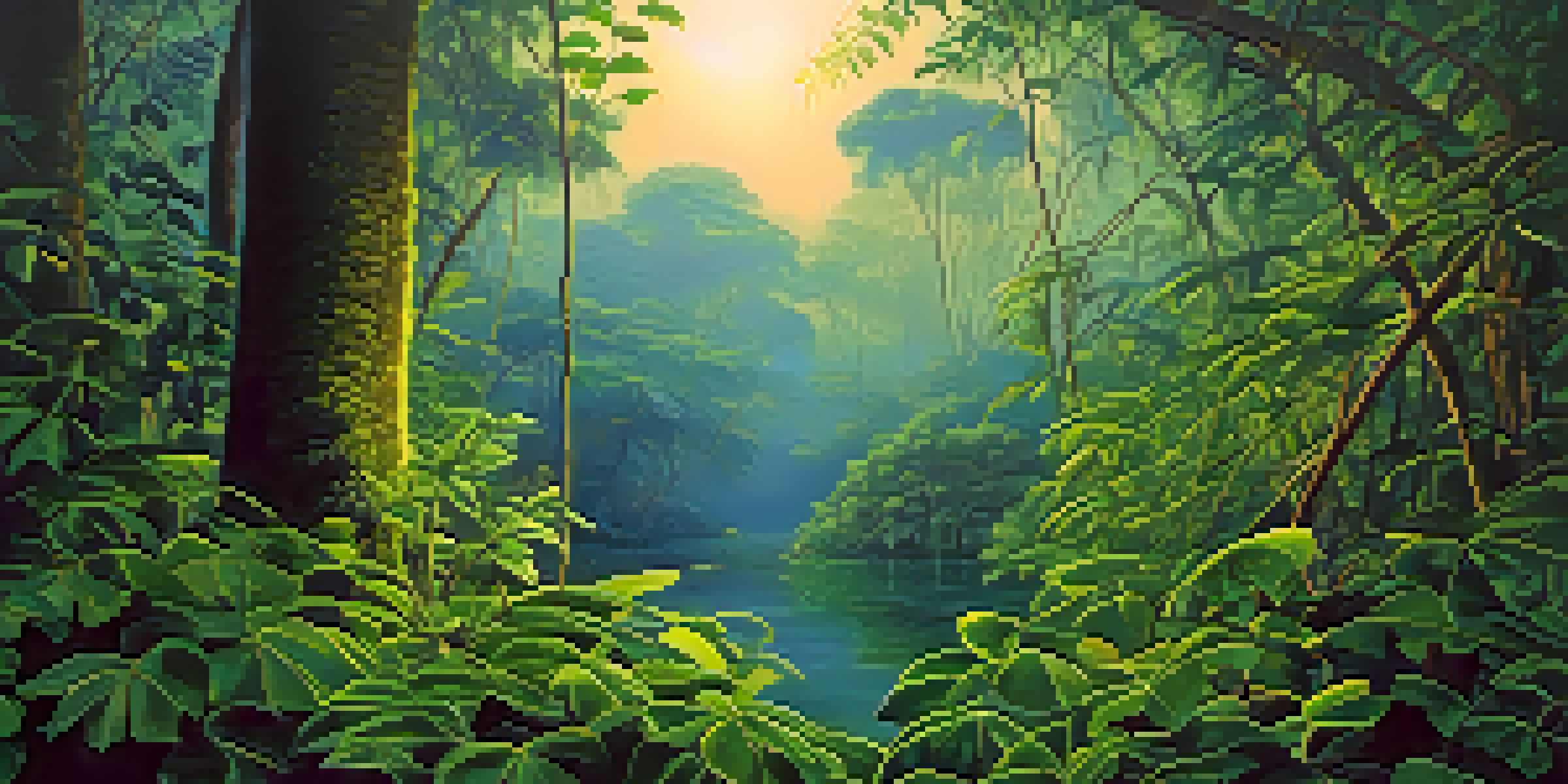 A tranquil Amazon rainforest scene with a vine and leaves illuminated by soft golden light, surrounded by misty greenery.