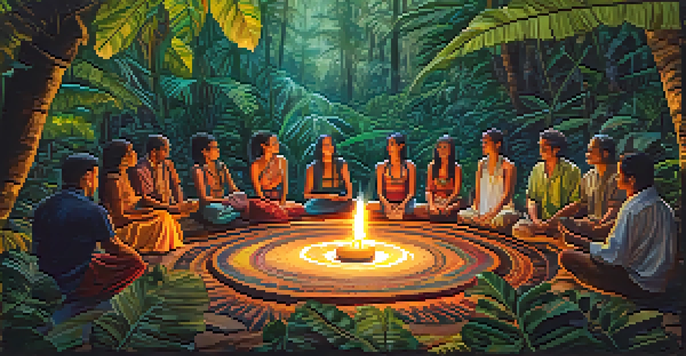 A diverse group of people sitting in a circle during an Ayahuasca ceremony in a lush tropical rainforest, with soft light filtering through the trees.