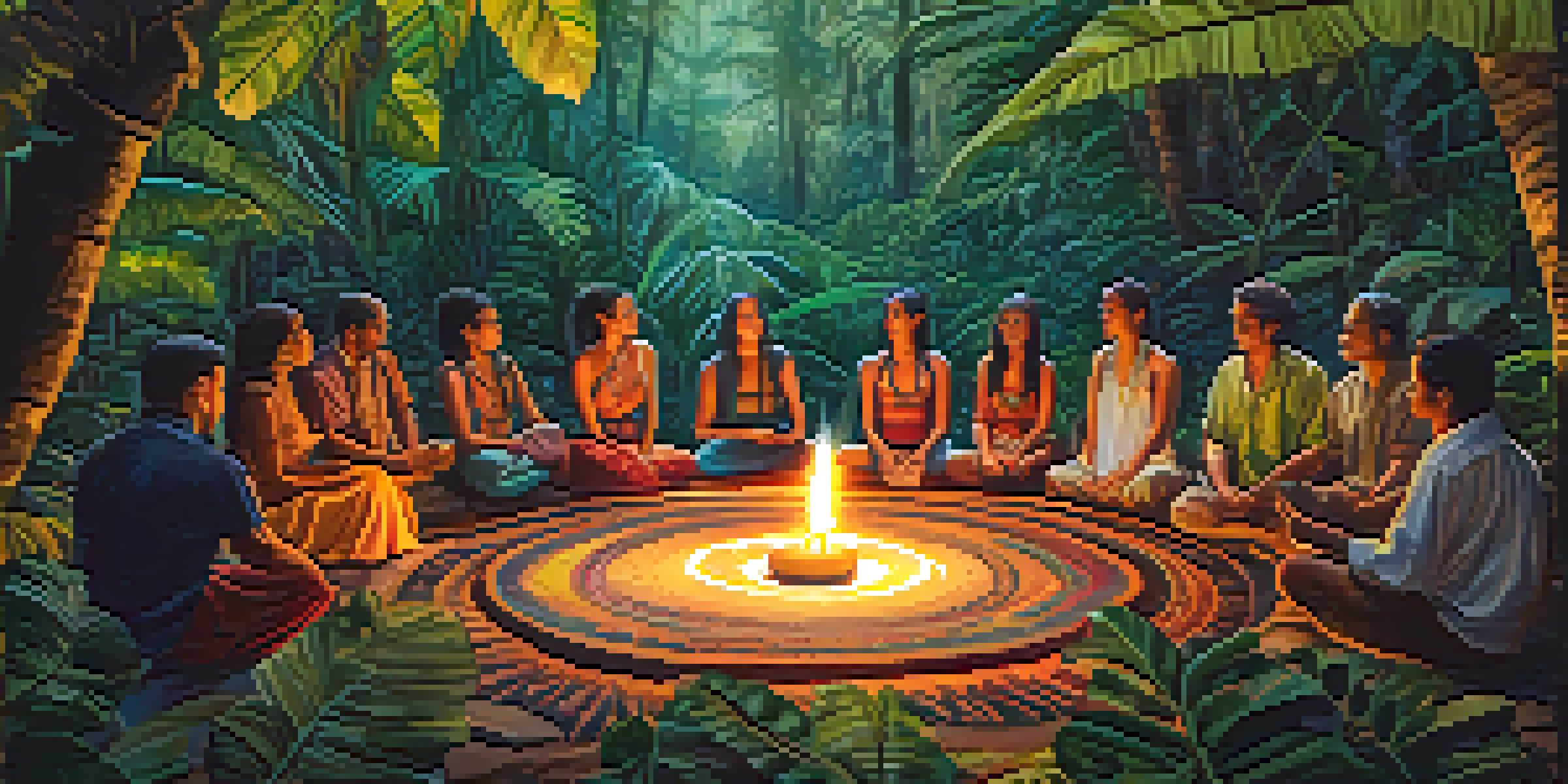 A diverse group of people sitting in a circle during an Ayahuasca ceremony in a lush tropical rainforest, with soft light filtering through the trees.
