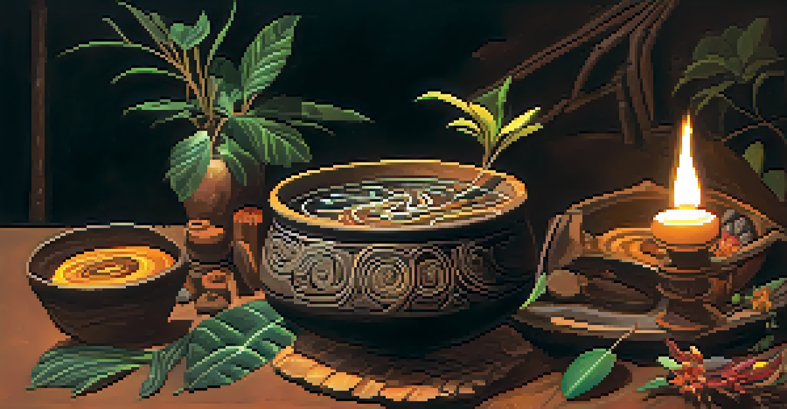 A close-up view of a traditional clay bowl filled with dark Ayahuasca brew, surrounded by natural elements like leaves and stones.