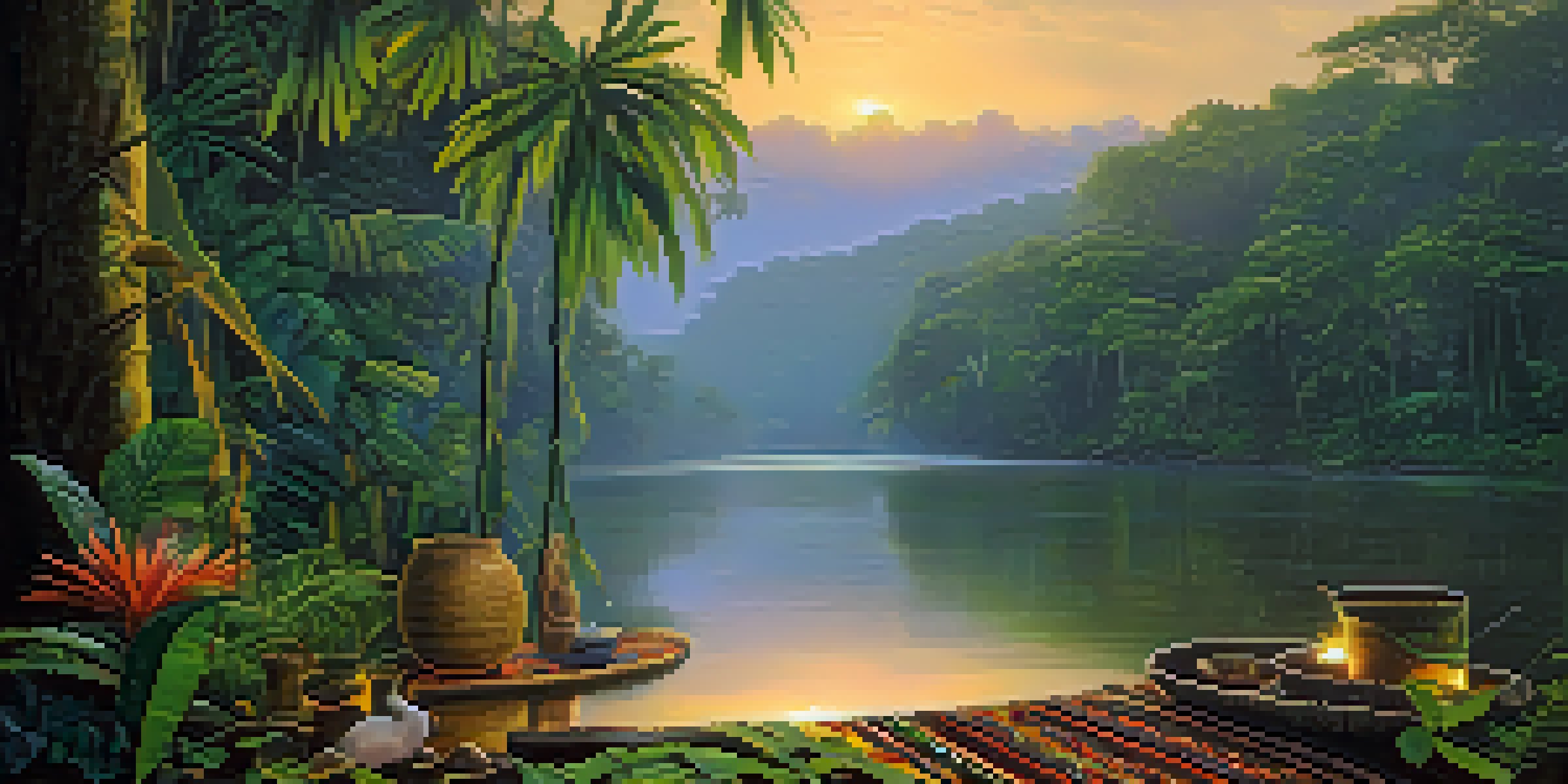 A peaceful Amazon rainforest at dawn with a river and a small Ayahuasca ceremony setup.