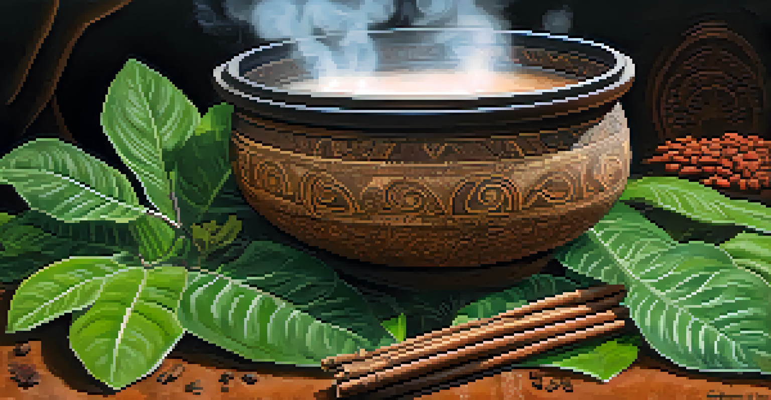 A close-up of Ayahuasca brew in a bowl with raw ingredients like the vine and leaves, showcasing rich textures and steam.