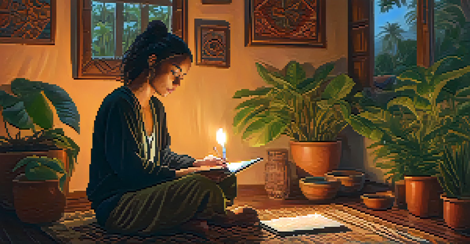 A participant journaling in a softly lit room after an Ayahuasca ceremony, surrounded by candles and plants, with a notebook open in front of them.