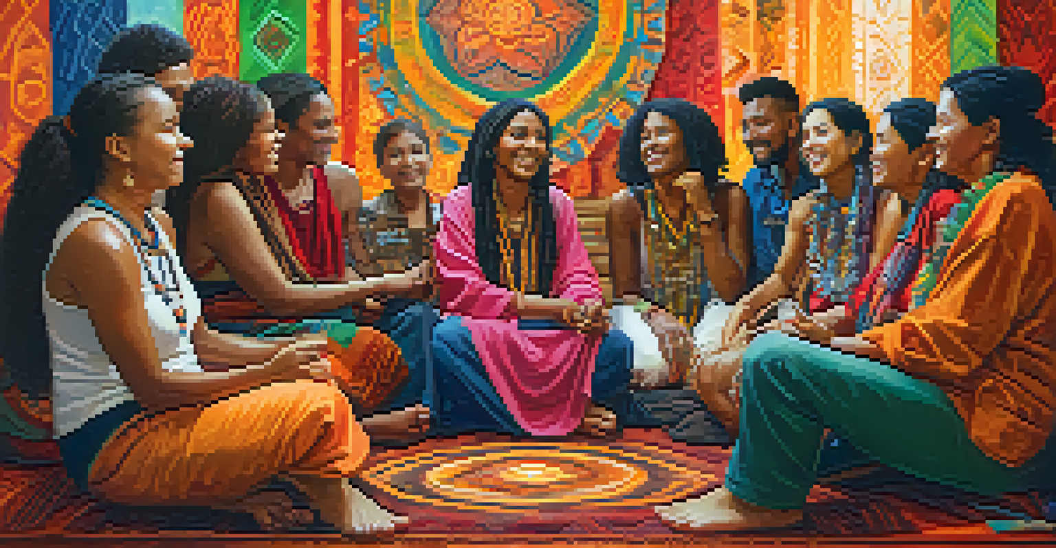 A diverse group of individuals discussing their experiences after an Ayahuasca ceremony in a cozy indoor setting filled with colorful textiles and tribal art.