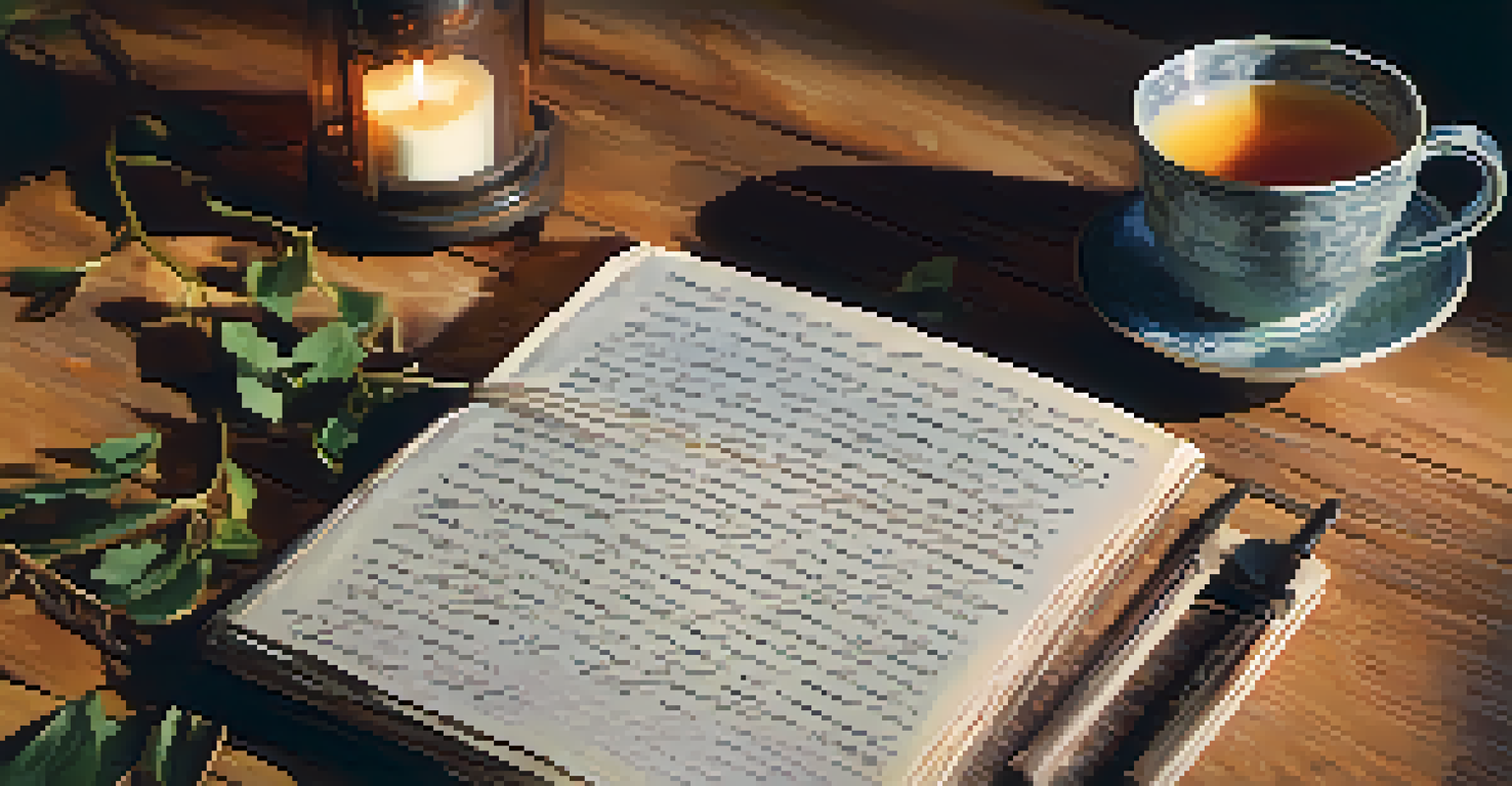 A close-up of an open journal with reflections on forgiveness, a candle, and a cup of tea.