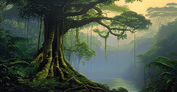 A peaceful Amazon rainforest at dawn, featuring the Banisteriopsis caapi vine and Psychotria viridis leaves, with mist and soft golden light.