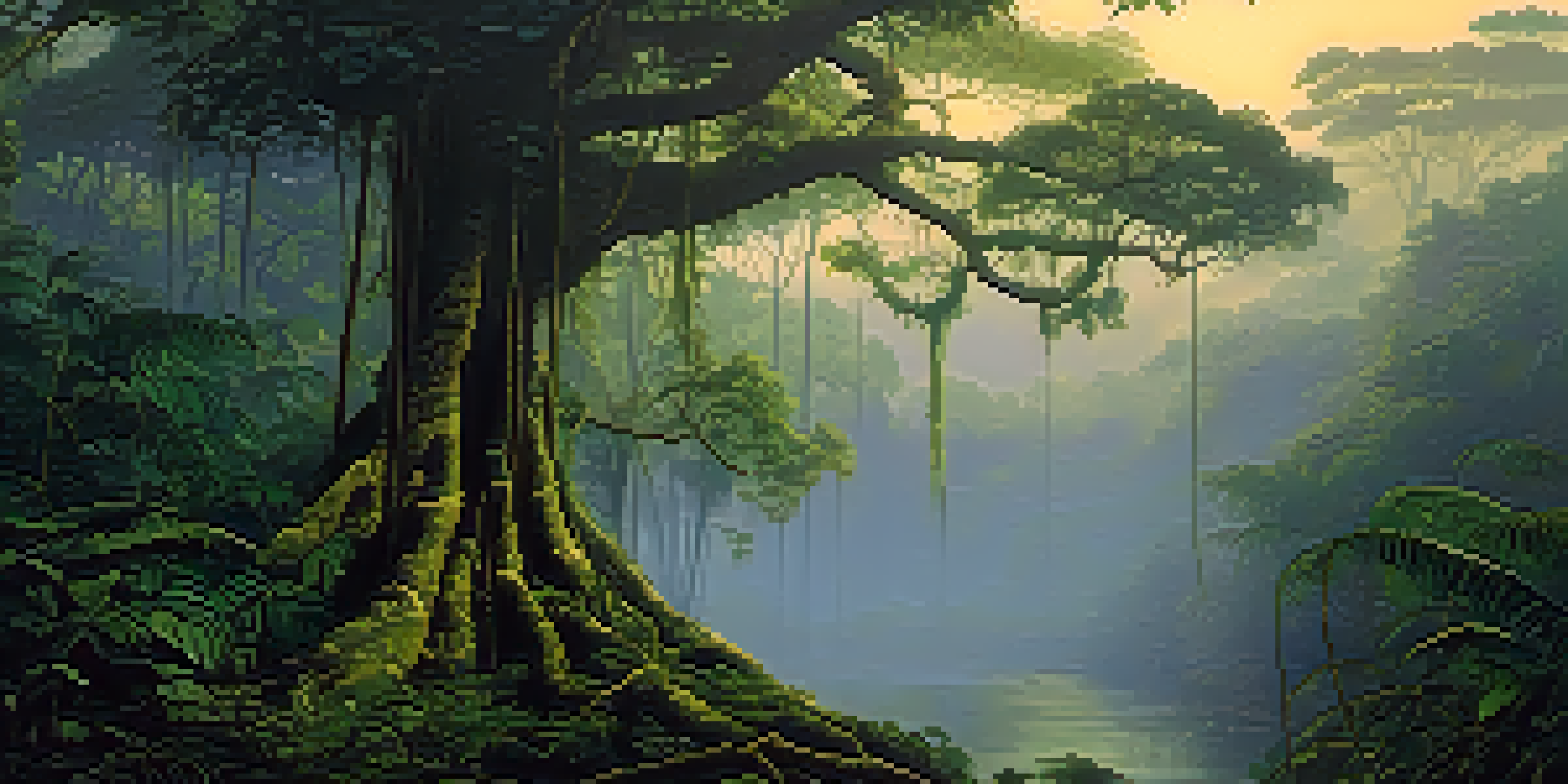 A peaceful Amazon rainforest at dawn, featuring the Banisteriopsis caapi vine and Psychotria viridis leaves, with mist and soft golden light.