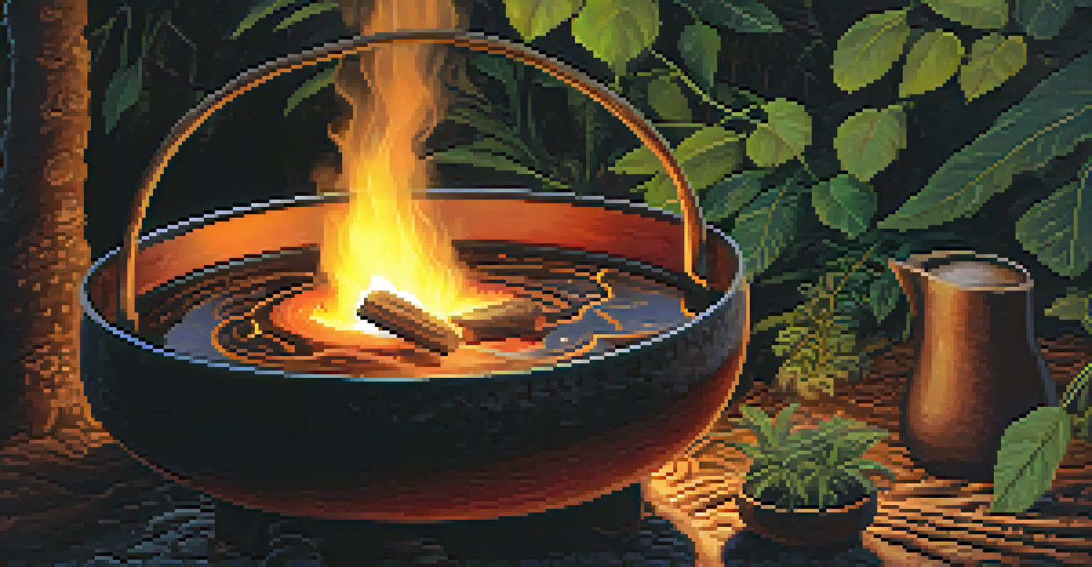 A close-up of a pot simmering with dark ayahuasca brew over an open fire, surrounded by natural ingredients and warm firelight.