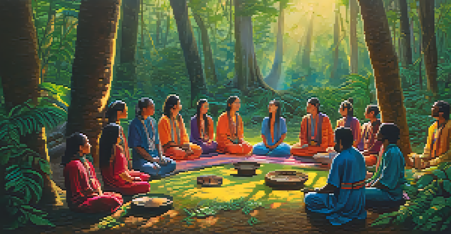 A group of people in a sunlit clearing sharing their experiences after an Ayahuasca ceremony, surrounded by flowers and tall trees, conveying unity and trust.