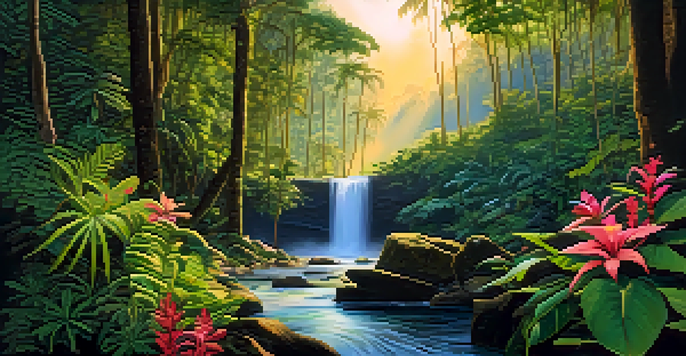 A serene rainforest with a waterfall surrounded by lush greenery and colorful flowers, illuminated by warm sunset light.