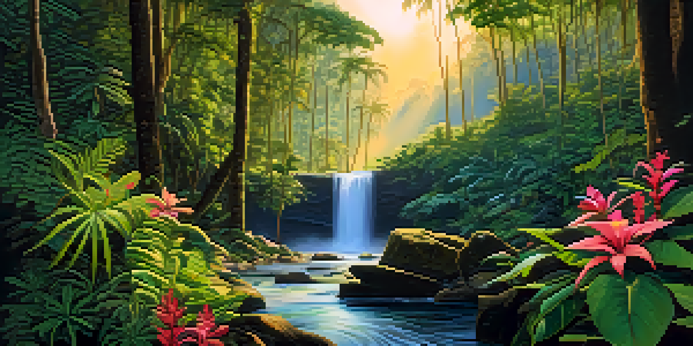 A serene rainforest with a waterfall surrounded by lush greenery and colorful flowers, illuminated by warm sunset light.