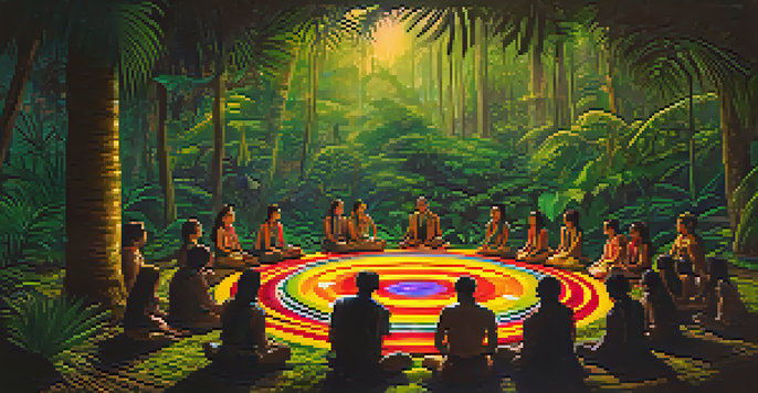 A tranquil scene of an Ayahuasca ceremony in the Amazon rainforest, showing participants in a circle and a shaman in traditional attire.