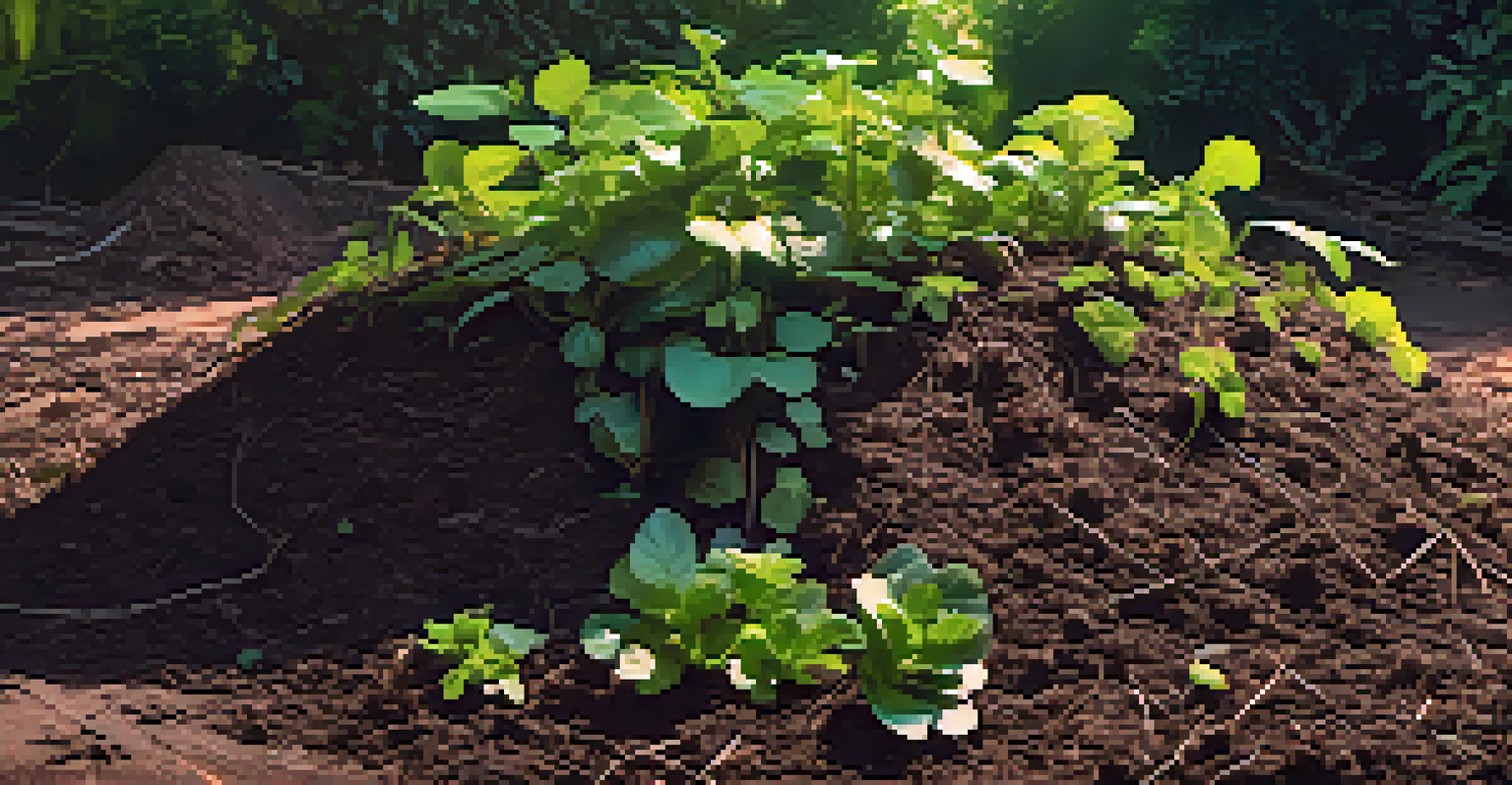 A close-up of a compost pile with ayahuasca plant materials, showcasing healthy plants and the concept of zero waste practices.