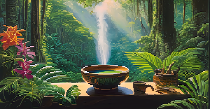 A peaceful scene of the Amazon rainforest with a ceramic bowl of Ayahuasca brew in the foreground, surrounded by lush greenery and colorful flowers under soft sunlight.