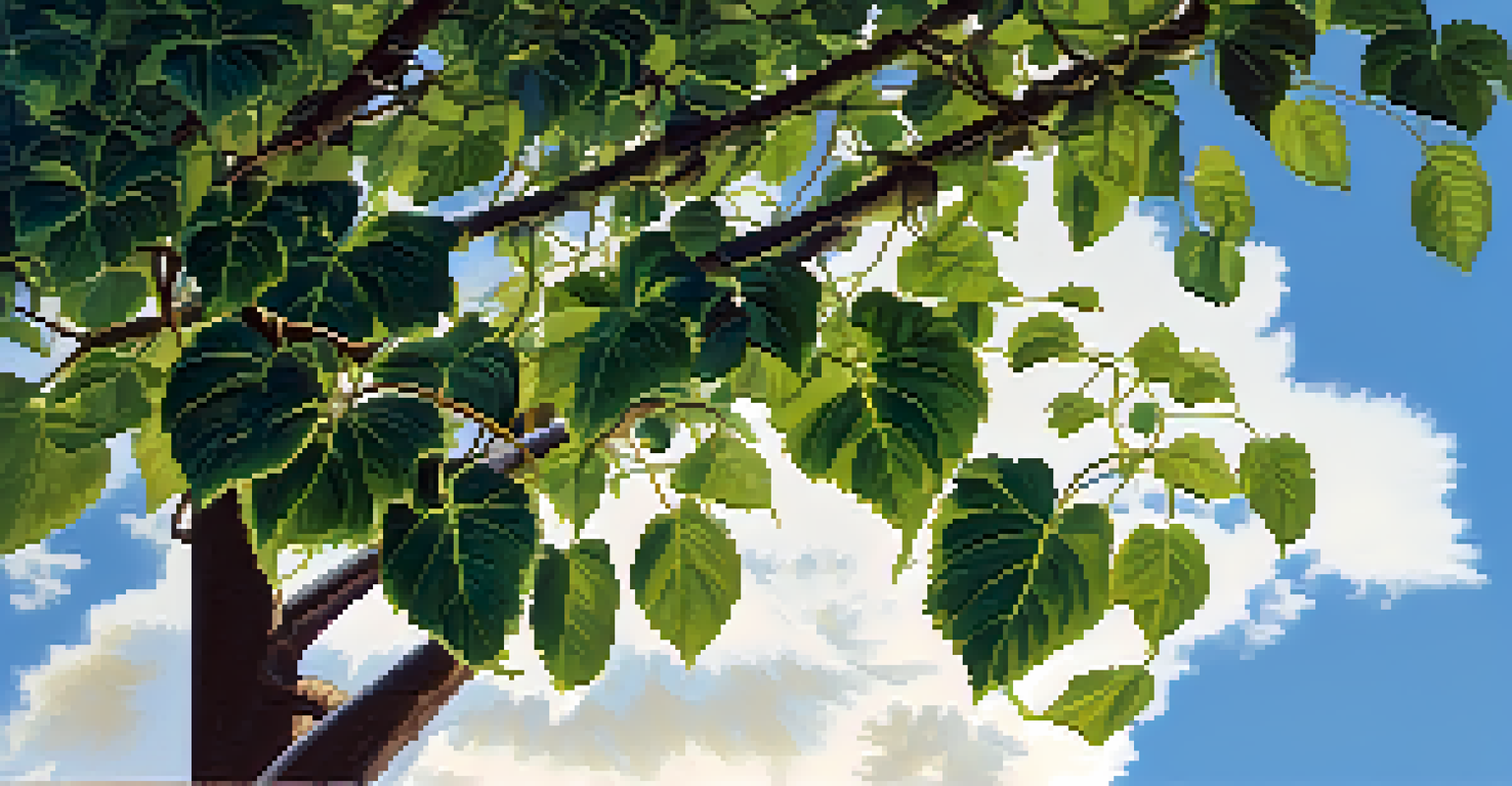 A detailed view of the Banisteriopsis caapi vine with twisted green leaves under a blue sky, illuminated by sunlight.