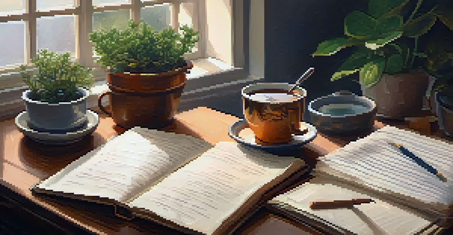 A person holding a journal and pen in a cozy room with an open journal, handwritten notes, a potted plant, and a cup of herbal tea.