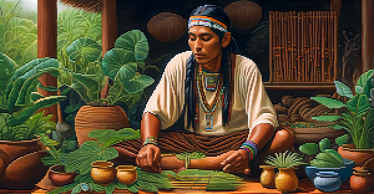 An indigenous healer preparing Ayahuasca with plants and natural elements in a traditional setting.