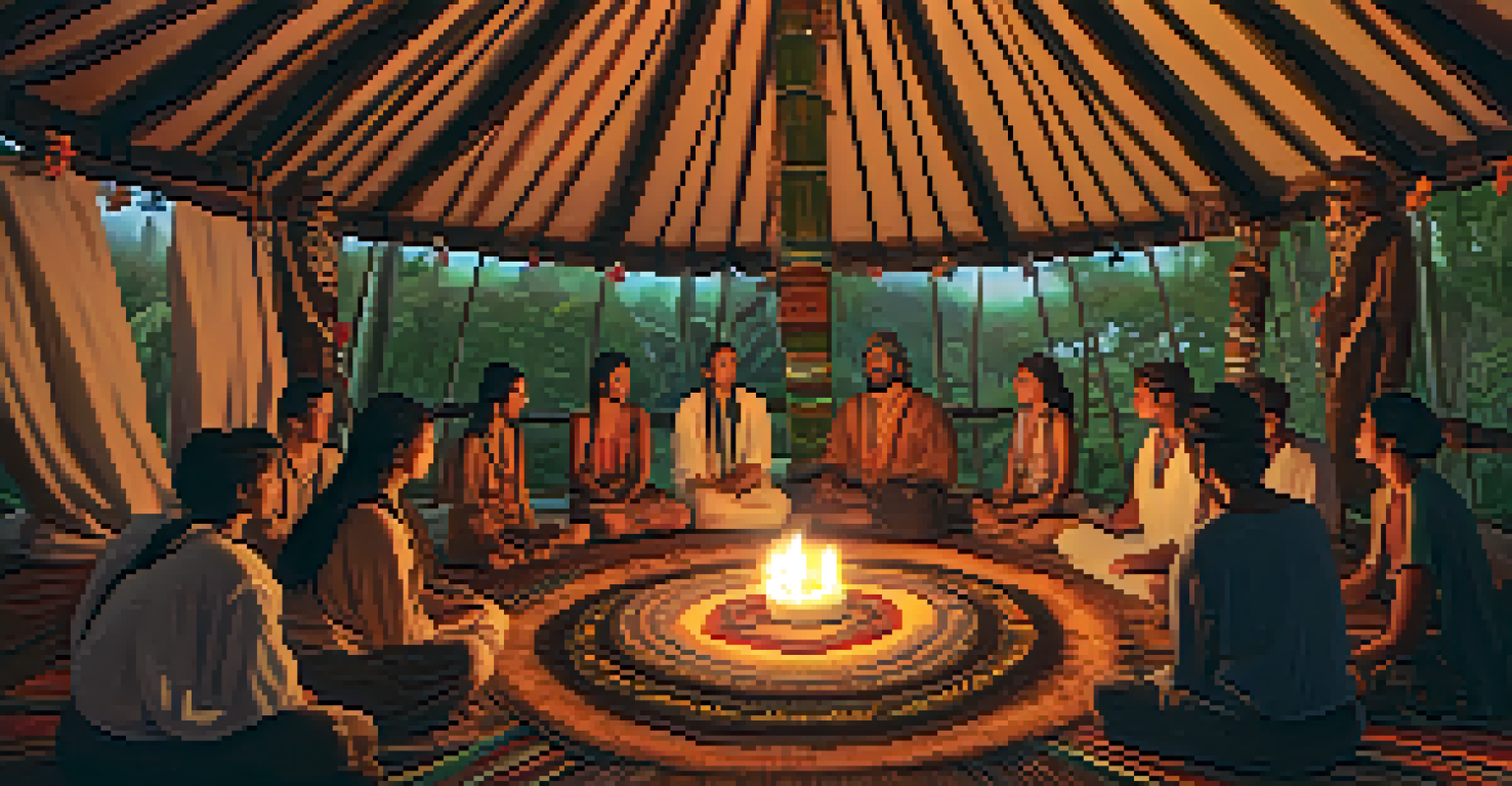 Participants in an Ayahuasca ceremony inside a cozy yurt, surrounded by candles and decorations.