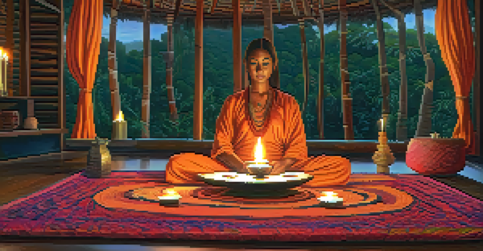 A cozy room for an ayahuasca ceremony, with a person practicing breathing on a mat surrounded by candles and soft lighting.