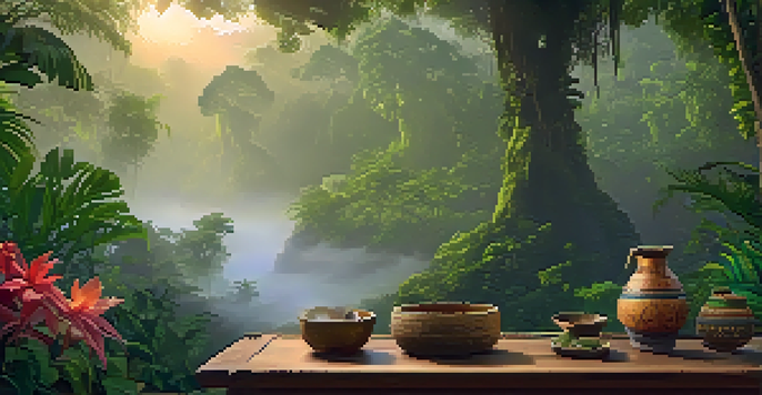 A peaceful Amazon rainforest at dawn with mist, featuring a wooden table with an Ayahuasca brew in a carved gourd, surrounded by flowers and plants.