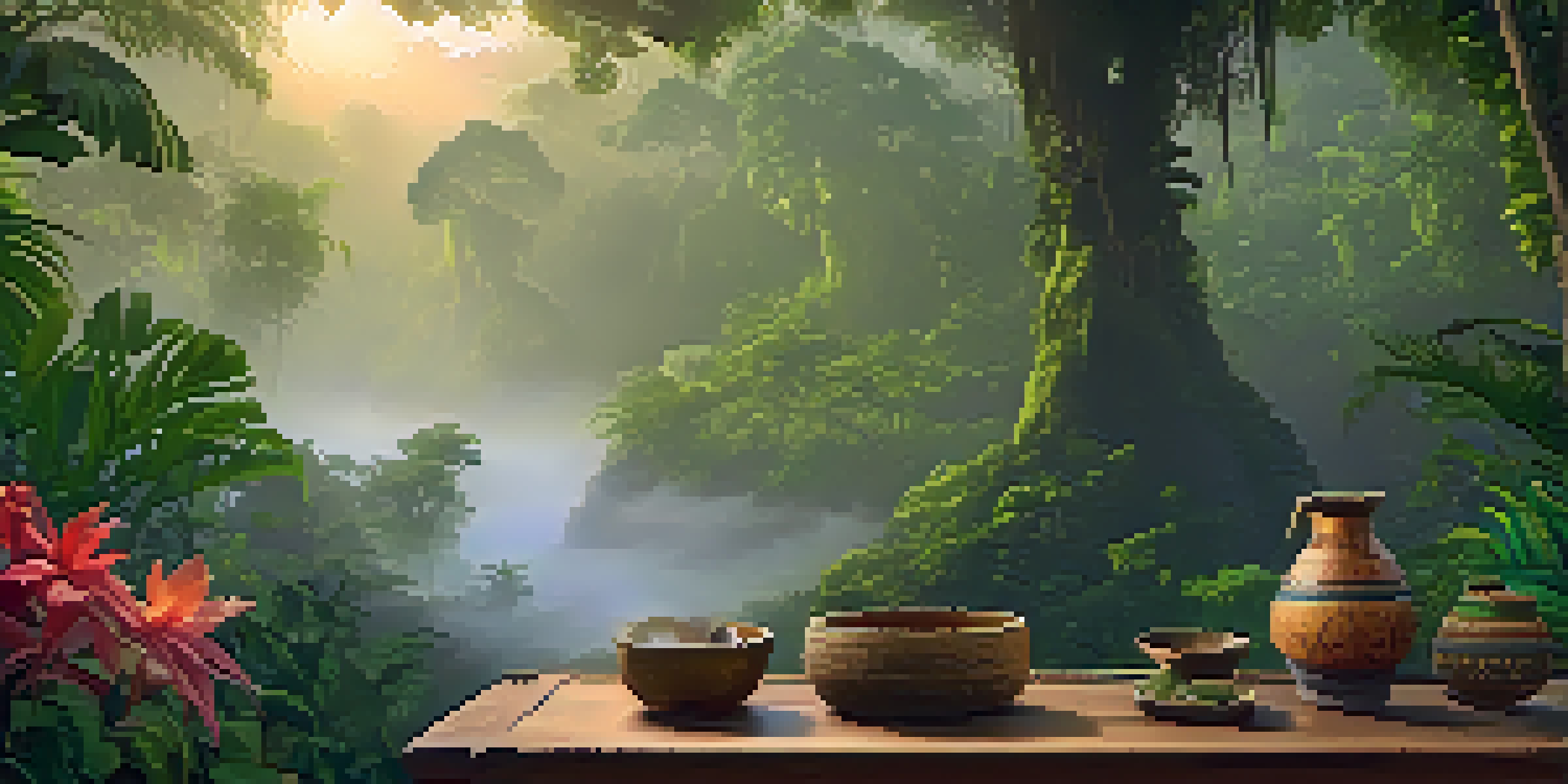 A peaceful Amazon rainforest at dawn with mist, featuring a wooden table with an Ayahuasca brew in a carved gourd, surrounded by flowers and plants.