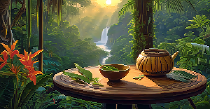 A tranquil Amazon rainforest at sunrise, showcasing a wooden table with Ayahuasca brew and fresh herbs under soft golden light.