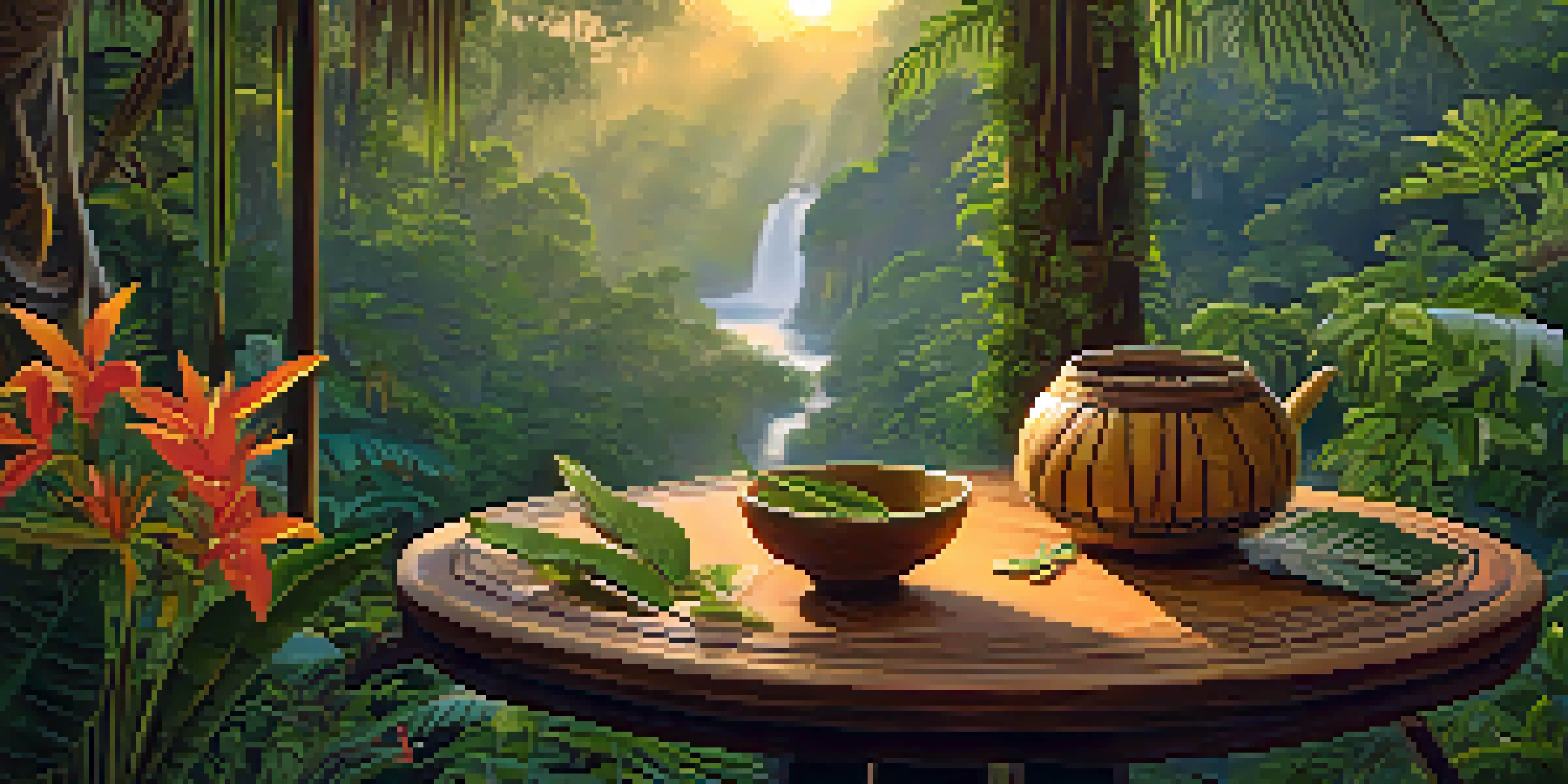 A tranquil Amazon rainforest at sunrise, showcasing a wooden table with Ayahuasca brew and fresh herbs under soft golden light.