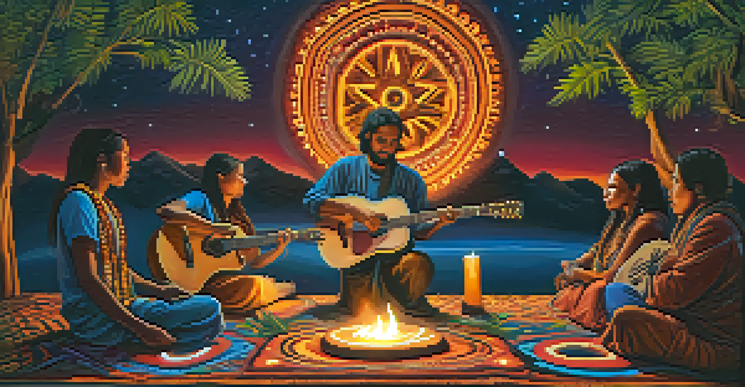 A musician playing guitar during an ayahuasca ceremony under a starry sky, with candles and tribal patterns around participants.