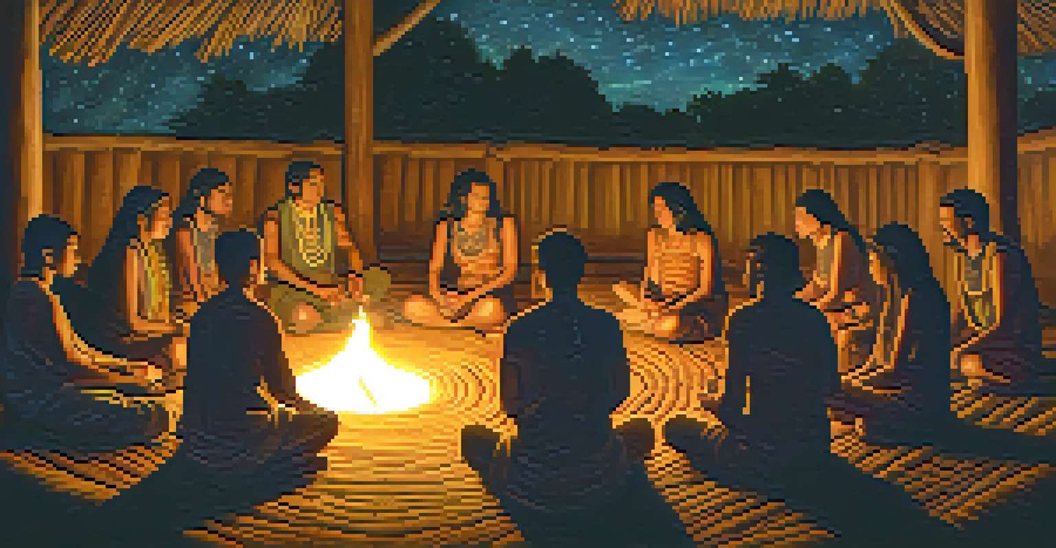 Participants in an Ayahuasca ceremony sitting in a circle around a glowing fire under a starlit sky, with traditional instruments nearby.