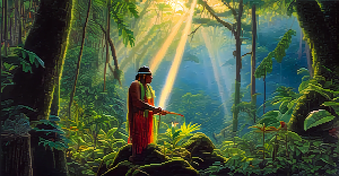 A tranquil Amazon rainforest at dawn with a shaman preparing Ayahuasca among lush greenery and mist.