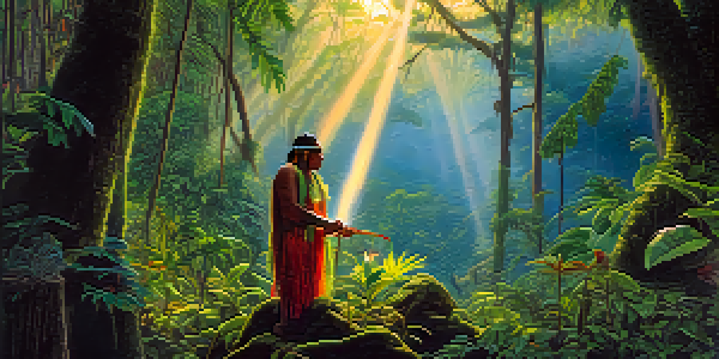 A tranquil Amazon rainforest at dawn with a shaman preparing Ayahuasca among lush greenery and mist.