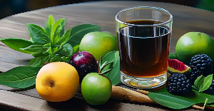 A close-up of a glass of Ayahuasca brew on a wooden table, surrounded by fresh fruits and herbs.