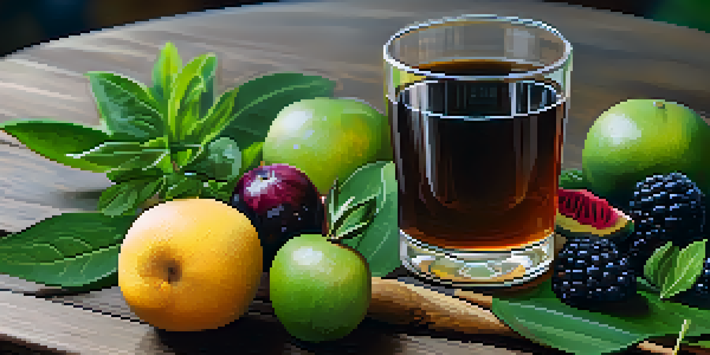A close-up of a glass of Ayahuasca brew on a wooden table, surrounded by fresh fruits and herbs.