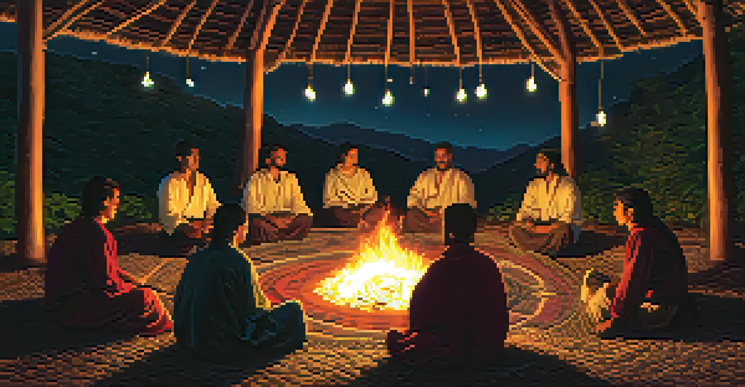 A group of people sitting around a ceremonial fire, surrounded by nature and decorated fabrics.
